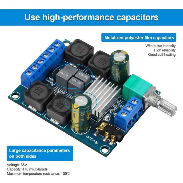 Alt view image 5 of 7 - TPA3116D2 Stereo Amplifier Boards, 2-Pack, 2 x 50W | Dual-channel digital amp modules for 5-24V DIY speakers, home audio and compact electronic amplification projects