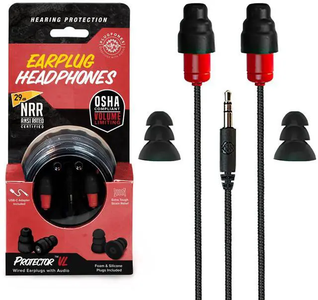 Main image of Protector Volume Limited Audio Earbuds, OSHA Compliant Earplugs with Sound, Black & Red