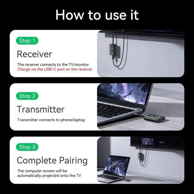Alt view image 7 of 7 - USB C Wireless HDMI Transmitter and Receiver2026 Upgrade ModelWirelessly cast Your Phone or Laptop Screen to a DisplayPlug and Play, no downloads or Complex Setup Required