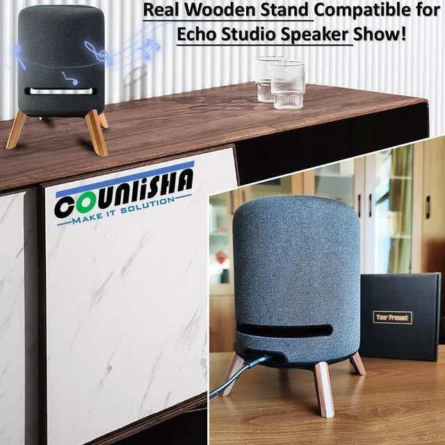 Alt view image 2 of 7 - Real Wood Stand for Echo Studio Smart Speaker on Table (Black Walnut) | desktop bracket Tripod Mount Accessories Protect alexa on desk,Secure Stable Wooden Holder for new echo studio 2024