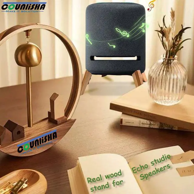 Alt view image 5 of 7 - Real Wood Stand for Echo Studio Smart Speaker on Table (Black Walnut) | desktop bracket Tripod Mount Accessories Protect alexa on desk,Secure Stable Wooden Holder for new echo studio 2024