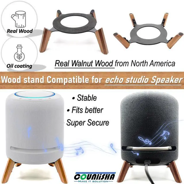 Alt view image 6 of 7 - Real Wood Stand for Echo Studio Smart Speaker on Table (Black Walnut) | desktop bracket Tripod Mount Accessories Protect alexa on desk,Secure Stable Wooden Holder for new echo studio 2024