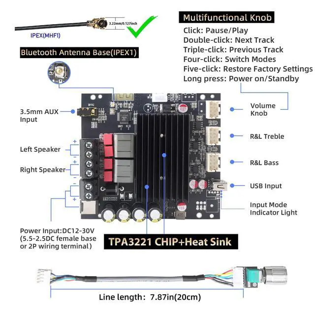 Alt view image 2 of 6 - T100HS-W Power Amplifier Board Bluetooth5.2 TPA3221 Chip 2.0 Channel 100W×2,Audio Power Amplifier with Front Panel
