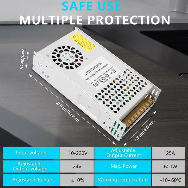 Alt view image 4 of 7 - 24V 25A 600W Power Supply 110V AC to DC 24V Converter | 25A 600W Switching Power Supply for 24V LED Strip Motor Pump CCTV Camera System Radio Car Stereo 3D Printer