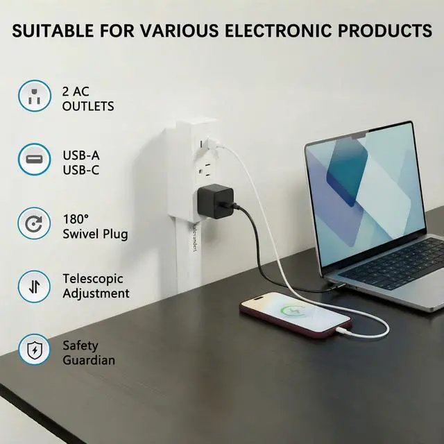 Alt view image 2 of 7 - Wall Electrical Vertical Outlet Extender Stick,Features USB-A,USB-C and 2AC,Extendable17.5''-27.5'',Rotating180°,Access Hard-to-Reach Outlets,Use Behind Couches,Nightstands,Desks and More
