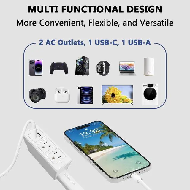 Alt view image 3 of 7 - Wall Electrical Vertical Outlet Extender Stick,Features USB-A,USB-C and 2AC,Extendable17.5''-27.5'',Rotating180°,Access Hard-to-Reach Outlets,Use Behind Couches,Nightstands,Desks and More