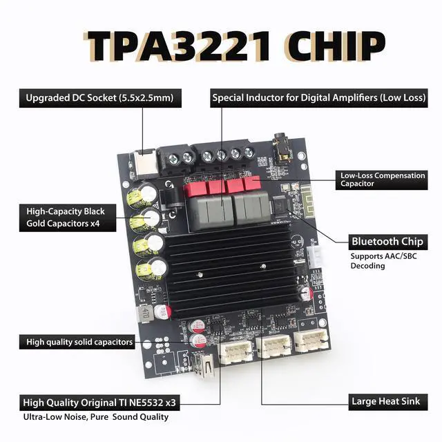 Alt view image 3 of 6 - T100HS-W Power Amplifier Board Bluetooth5.2 TPA3221 Chip 2.0 Channel 100W×2,Audio Power Amplifier with Front Panel