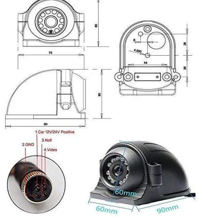 Alt view image 4 of 6 - Vehicle Backup Side View Camera 12V/24V 12 LED IR Night Vision 4 Pin Reverse Rear View Camera Waterproof IP68 with 5m Video Cable for Truck Bus Trailer RV 5th Wheel Heavy Duty
