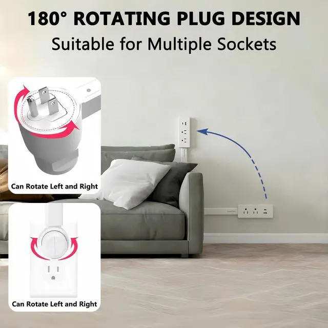 Alt view image 4 of 7 - Wall Electrical Vertical Outlet Extender Stick,Features USB-A,USB-C and 2AC,Extendable17.5''-27.5'',Rotating180°,Access Hard-to-Reach Outlets,Use Behind Couches,Nightstands,Desks and More