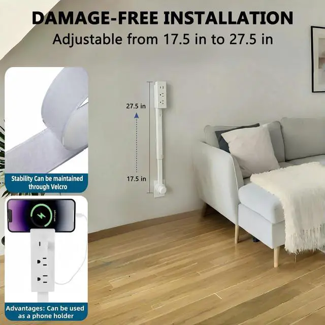 Alt view image 5 of 7 - Wall Electrical Vertical Outlet Extender Stick,Features USB-A,USB-C and 2AC,Extendable17.5''-27.5'',Rotating180°,Access Hard-to-Reach Outlets,Use Behind Couches,Nightstands,Desks and More