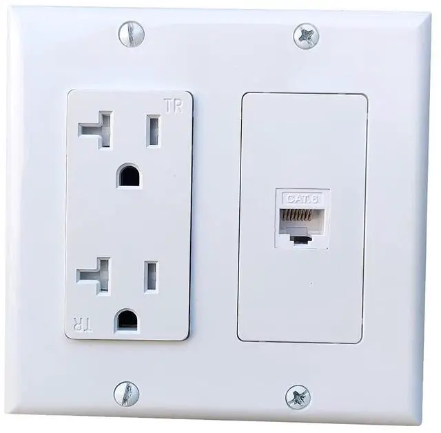 Main image of 2 Gang Power Outlet with 1 CAT6 Ethernet Port - 20A Electrical Outlet Cover Plate with 1 CAT6 RJ45 Keystone Jack - White