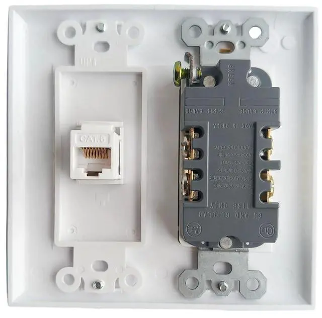 Alt view image 2 of 6 - 2 Gang Power Outlet with 1 CAT6 Ethernet Port - 20A Electrical Outlet Cover Plate with 1 CAT6 RJ45 Keystone Jack - White