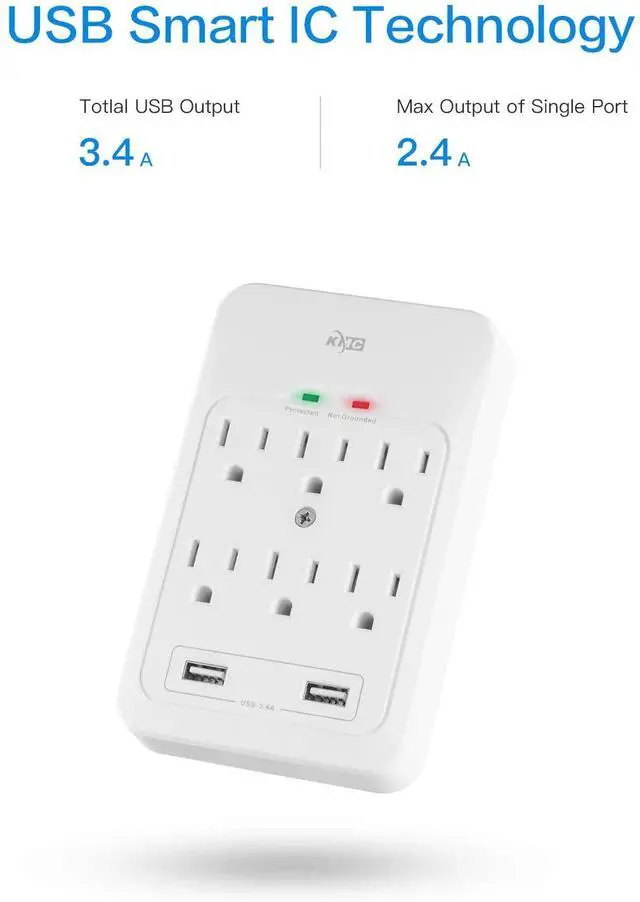 Alt view image 2 of 7 - 6-Outlet Surge Tap, 2 USB Ports (3.4A), 980 Joules Surge Protector, White (2 Pack)
