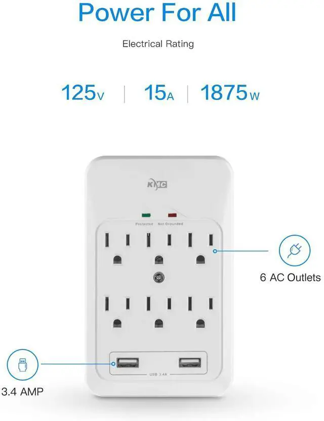 Alt view image 3 of 7 - 6-Outlet Surge Tap, 2 USB Ports (3.4A), 980 Joules Surge Protector, White (2 Pack)