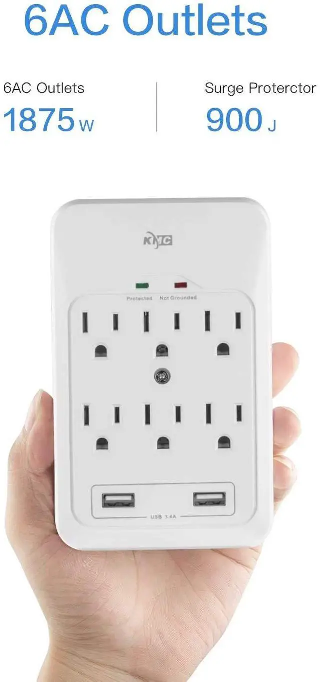Alt view image 4 of 7 - 6-Outlet Surge Tap, 2 USB Ports (3.4A), 980 Joules Surge Protector, White (2 Pack)