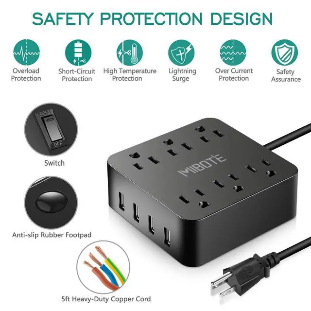Alt view image 2 of 6 - 6-Outlet Power Strip with 4 USB Ports, Surge Protector | 1875W Power Strip Charger, 5ft Cord for Travel, TV, Computer & Power Bank, 100-240V