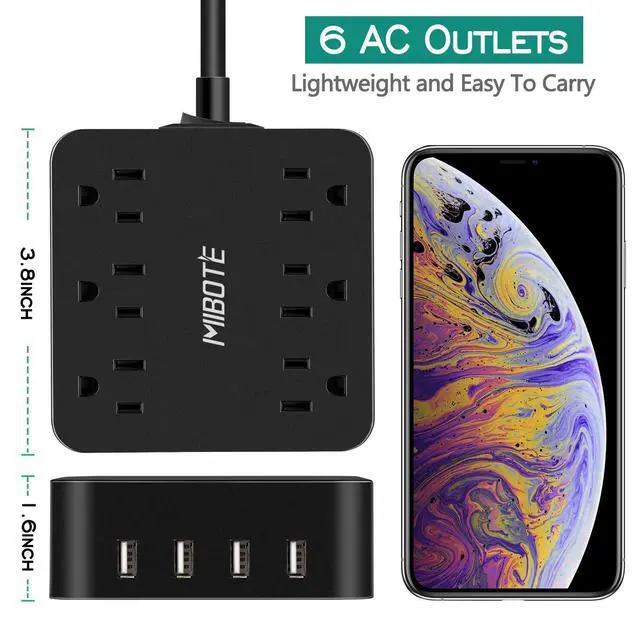 Alt view image 3 of 6 - 6-Outlet Power Strip with 4 USB Ports, Surge Protector | 1875W Power Strip Charger, 5ft Cord for Travel, TV, Computer & Power Bank, 100-240V