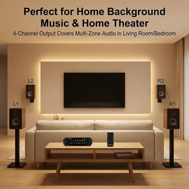 Alt view image 2 of 7 - 4-Channel Mini Amplifier with Wireless App & Infrared Remote Control, Bluetooth 5.0, USB/MIC/AUX/TWS Inputs and Power-Off Memory for Ceiling/Wall/Bookshelf/Garage