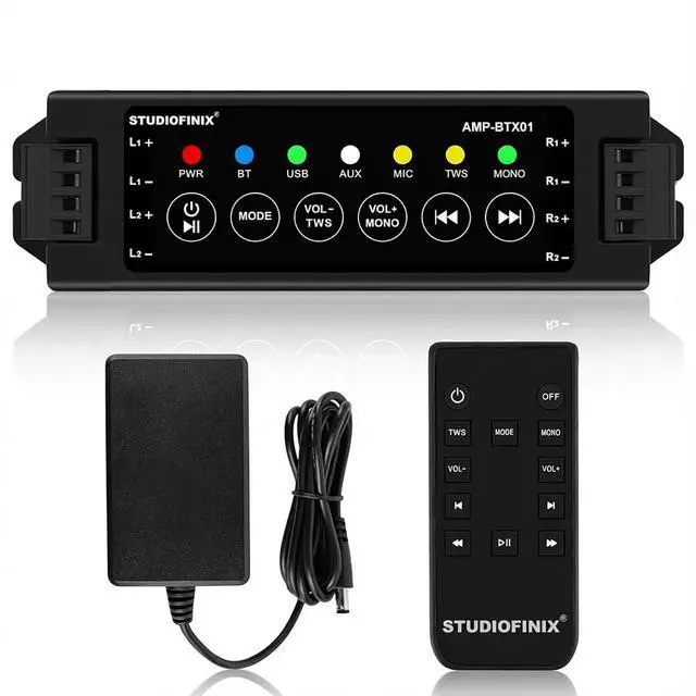 Main image of 4-Channel Mini Amplifier with Wireless App & Infrared Remote Control, Bluetooth 5.0, USB/MIC/AUX/TWS Inputs and Power-Off Memory for Ceiling/Wall/Bookshelf/Garage