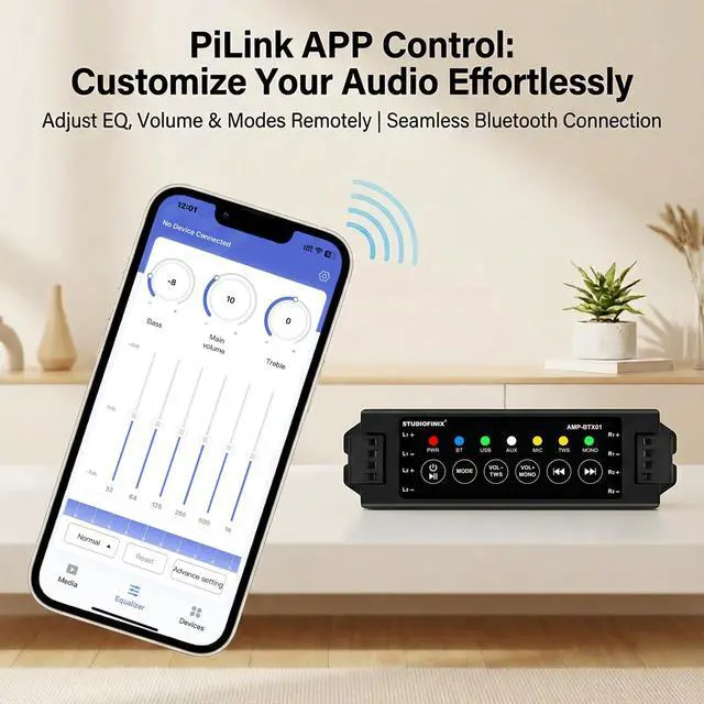 Alt view image 4 of 7 - 4-Channel Mini Amplifier with Wireless App & Infrared Remote Control, Bluetooth 5.0, USB/MIC/AUX/TWS Inputs and Power-Off Memory for Ceiling/Wall/Bookshelf/Garage