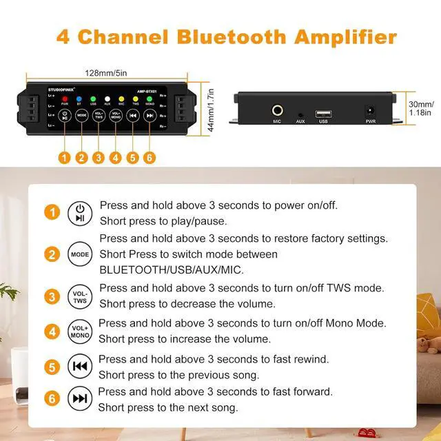 Alt view image 5 of 7 - 4-Channel Mini Amplifier with Wireless App & Infrared Remote Control, Bluetooth 5.0, USB/MIC/AUX/TWS Inputs and Power-Off Memory for Ceiling/Wall/Bookshelf/Garage