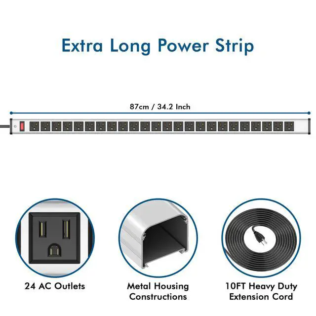 Alt view image 2 of 7 - Long Heavy Duty Power Strip 24 Outlet Large Metal Power Strips Garage Workshop Commercial Industrial Power Strips with Circuit Breaker.10FT Cord 15A 125V 1875W (Silver)