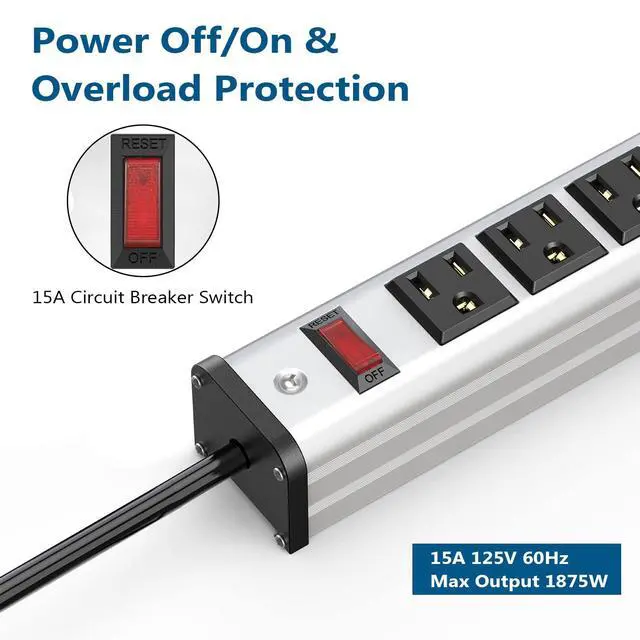 Alt view image 4 of 7 - Long Heavy Duty Power Strip 24 Outlet Large Metal Power Strips Garage Workshop Commercial Industrial Power Strips with Circuit Breaker.10FT Cord 15A 125V 1875W (Silver)