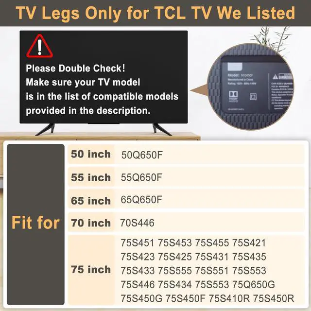 Alt view image 3 of 7 - Metal TV Legs for TCL TV Stand Legs, Only for TCL 50Q650F 55Q650F 65Q650F 70S446 75S451 75S453 75S455, Only for TCL Smart TV Stand with Screws and Instructions, Stable and Sturdy