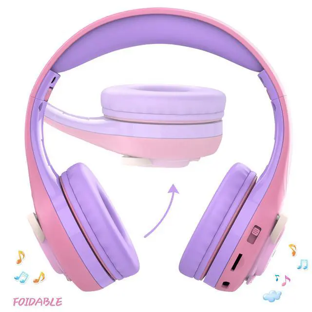 Alt view image 2 of 6 - CB-7S Kids Wireless Headphones,with Safe Volume Control 74/85/95dB,LED Glow Lights,50H Playtime,Bluetooth V5.3,Built-in Mic, TF Card Slot,for Travel/School/Phone/Laptop(Pink&Purple)