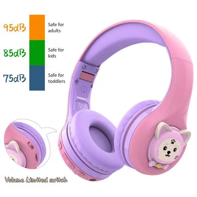 Alt view image 3 of 6 - CB-7S Kids Wireless Headphones,with Safe Volume Control 74/85/95dB,LED Glow Lights,50H Playtime,Bluetooth V5.3,Built-in Mic, TF Card Slot,for Travel/School/Phone/Laptop(Pink&Purple)