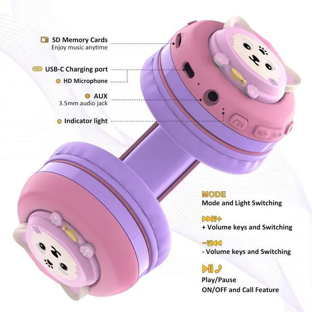 Alt view image 4 of 6 - CB-7S Kids Wireless Headphones,with Safe Volume Control 74/85/95dB,LED Glow Lights,50H Playtime,Bluetooth V5.3,Built-in Mic, TF Card Slot,for Travel/School/Phone/Laptop(Pink&Purple)