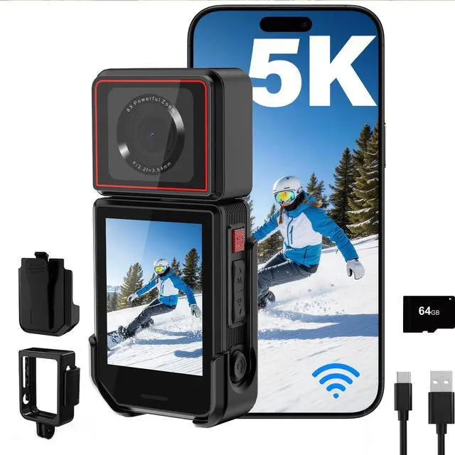 Main image of 5K Action Camera with 180° Rotation 6-Axis EIS Touch Screen Body Cam | WiFi App Preview & Transfer, Remote Control, 25P Photos, 64GB Card, 135° Wide-Angle, for Cycling Running Motorcycle Hiking