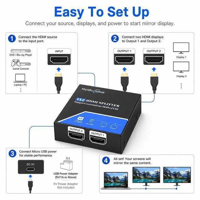 Alt view image 5 of 7 - HDMI Splitter 1 in 2 Out, 4K 30Hz Powered 1x2 for Dual Monitors | Supports 1080P 60Hz, Mirrors One HDMI Source to Two Displays; for Laptop, PC, TV, Projector and HDTV, Not Extended Mode