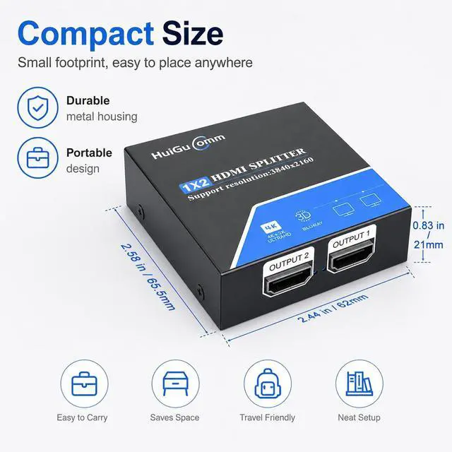 Alt view image 7 of 7 - HDMI Splitter 1 in 2 Out, 4K 30Hz Powered 1x2 for Dual Monitors | Supports 1080P 60Hz, Mirrors One HDMI Source to Two Displays; for Laptop, PC, TV, Projector and HDTV, Not Extended Mode