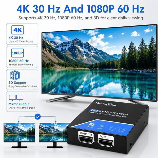 Alt view image 3 of 7 - HDMI Splitter 1 in 2 Out, 4K 30Hz Powered 1x2 for Dual Monitors | Supports 1080P 60Hz, Mirrors One HDMI Source to Two Displays; for Laptop, PC, TV, Projector and HDTV, Not Extended Mode
