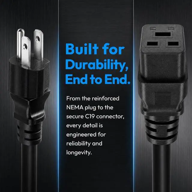 Alt view image 7 of 7 - 3.2ft/1M Nema 5-15P to IEC320 C19 Power Cable | Power Line for PDU/UPS, UL Listed & RoHS compliant,American Standard 5-15P Male to C19, Three Horizontals 16A Female Plug