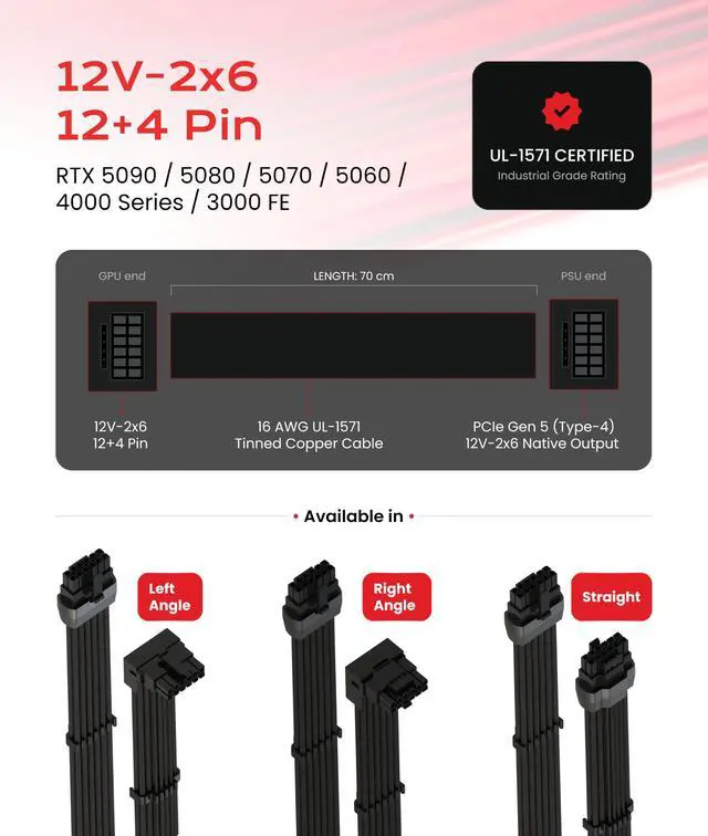 Alt view image 4 of 7 - 12VHPWR GPU Power Cable | Left Angle | 70cm | PCIe 5.0 for RTX 5090, 5080, 5070, 16Pin/12+4, 600W 16AWG