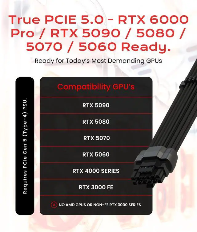 Alt view image 5 of 7 - 12VHPWR GPU Power Cable | Left Angle | 70cm | PCIe 5.0 for RTX 5090, 5080, 5070, 16Pin/12+4, 600W 16AWG