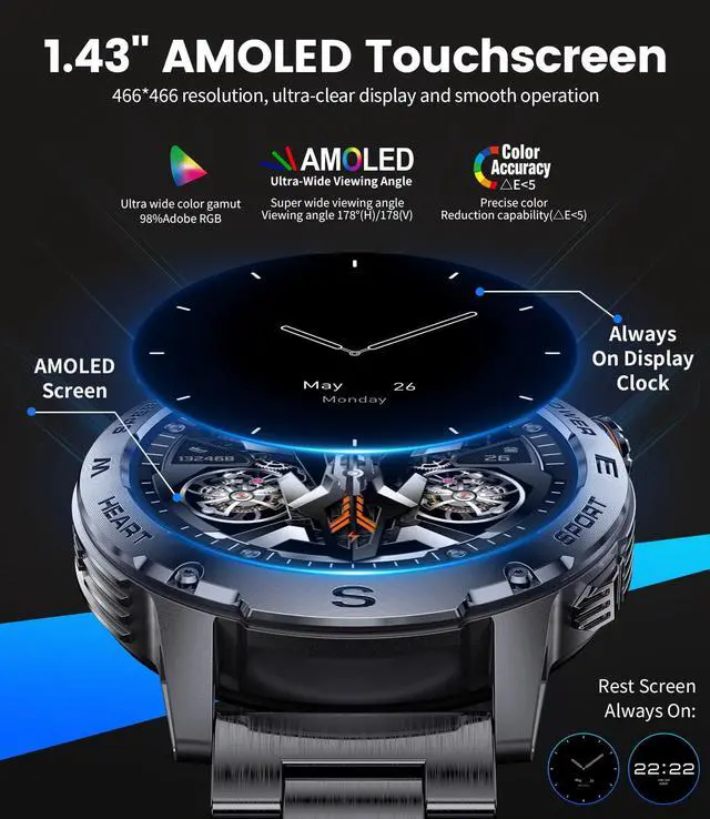 Alt view image 2 of 7 - EF1 Smart Watches for Men, 1.43" AMOLED Smartwatch with 24/7 Heart Rate for Android iOS, 170+ Sports Modes Fitness Watch, IP68 Waterproof, 200+ Watch Faces, Sports Recognition, Matte Black