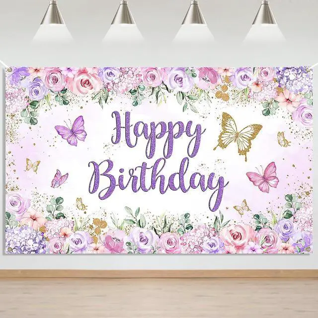 Main image of Butterfly Birthday Banner - Purple Happy Birthday Girl Party Backdrop, Butterfly Birthday Decorations (70.8" L x 43.3" W)