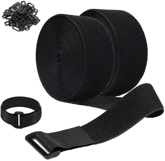 Main image of 2 Rolls 26FT 2 inch Wide Cable Straps with 20 Buckles, Heavy Duty Nylon Hook and Loop Straps for Fastening Securing, Reusable Cut-to-Length Molle Straps for Organizer or Storage, Black