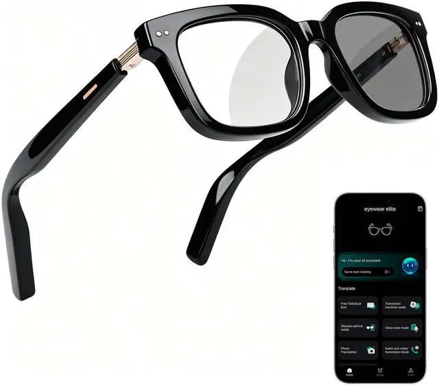 Main image of AI Smart Glasses for Men and Women with Chat GPT, 164 Languages, Photochromic Lens, Al Assistant & Meeting Summary, Music Playback, Hands-Free Calling, UV/Blue Light Protection Black