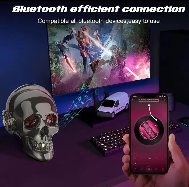 Alt view image 6 of 7 - Skull Bluetooth Speaker Novelty Skeleton Unique Wireless Portable Speakers with Eyes Lights Halloween Decoration (Gray)