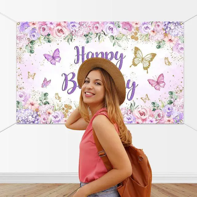 Alt view image 3 of 7 - Butterfly Birthday Banner - Purple Happy Birthday Girl Party Backdrop, Butterfly Birthday Decorations (70.8" L x 43.3" W)