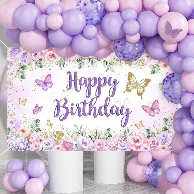 Alt view image 2 of 7 - Butterfly Birthday Banner - Purple Happy Birthday Girl Party Backdrop, Butterfly Birthday Decorations (70.8" L x 43.3" W)