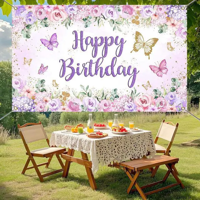 Alt view image 4 of 7 - Butterfly Birthday Banner - Purple Happy Birthday Girl Party Backdrop, Butterfly Birthday Decorations (70.8" L x 43.3" W)