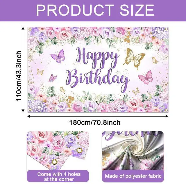 Alt view image 6 of 7 - Butterfly Birthday Banner - Purple Happy Birthday Girl Party Backdrop, Butterfly Birthday Decorations (70.8" L x 43.3" W)