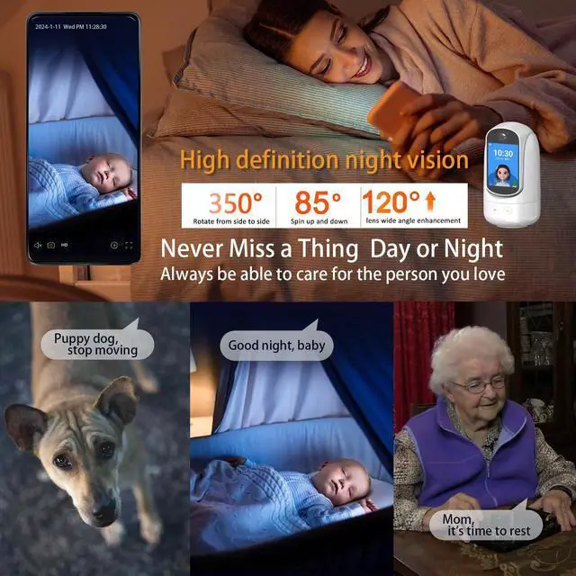 Alt view image 2 of 7 - 2-Way Video/Audio Security Camera Screen WiFi AI Detection Puppy/Pet/Cat/Elderly/Dog Monitor Wireless Facetime Cam Voice Phone APP Controlled Sound Video Calling Devices for Grandpa, White