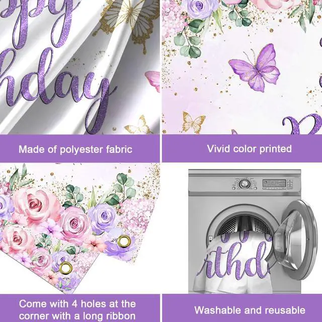 Alt view image 7 of 7 - Butterfly Birthday Banner - Purple Happy Birthday Girl Party Backdrop, Butterfly Birthday Decorations (70.8" L x 43.3" W)
