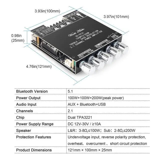 Alt view image 5 of 6 - ZK-ST21 100Wx2+200W 2.1Channel Bluetooth Amplifier Board with Subwoofer, TPA3221 Chip, Bass/Treble Control, Bluetooth/AUX/USB Input, 12-30V Wide Voltage Vehicle Amplifier